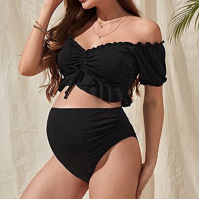 Off Shoulder Top and Ruffled Ruched Side Shorts - Two Piece Swimsuit for Women