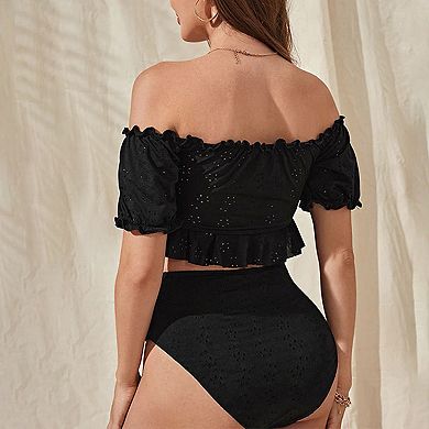 Off Shoulder Top and Ruffled Ruched Side Shorts - Two Piece Swimsuit for Women