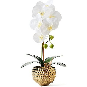 Orchids Artificial Flowers, 15" Faux Orchid in Gold Pot, Real Touch Large Floral Arrangement