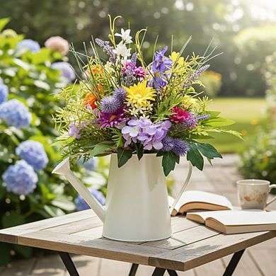 14" Farmhouse Wildflower Centerpiece in Lighted Watering Can with Timer