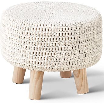 Cotton Knitted Pouf Ottoman with Wood Legs, Boho Footstool Decor