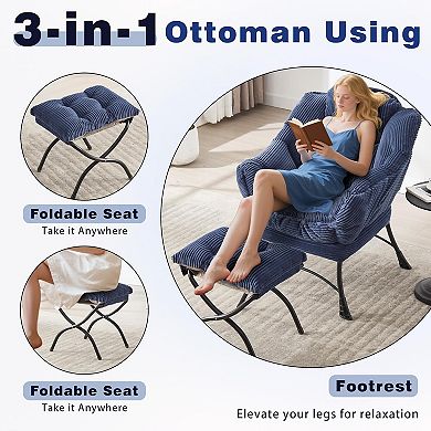 Lazy Chair with Ottoman, Modern Accent Chair with Armrests & Side Pocket for Small Spaces