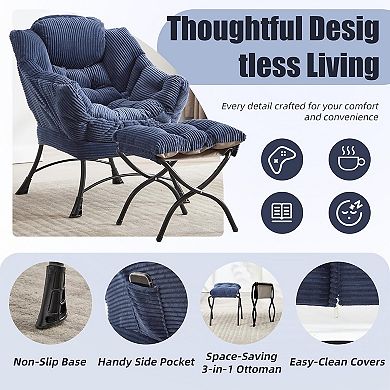 Lazy Chair with Ottoman, Modern Accent Chair with Armrests & Side Pocket for Small Spaces