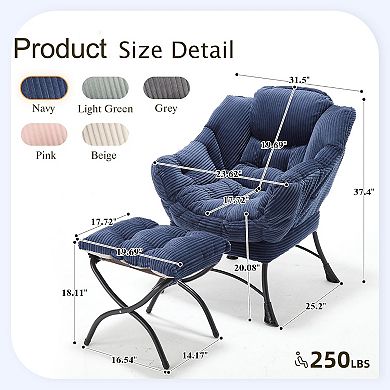 Lazy Chair with Ottoman, Modern Accent Chair with Armrests & Side Pocket for Small Spaces