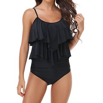 Trendy Ruffled Layered Tankini Swimsuit 2 pc High Waist Bathing Suit for Summer Vacation