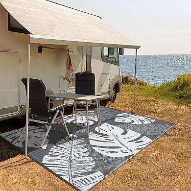 Modern Leaf Outdoor Area Rug Reversible Light Weight Stain Resistant Mat for RV Trip Picnic