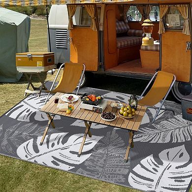 Modern Leaf Outdoor Area Rug Reversible Light Weight Stain Resistant Mat for RV Trip Picnic