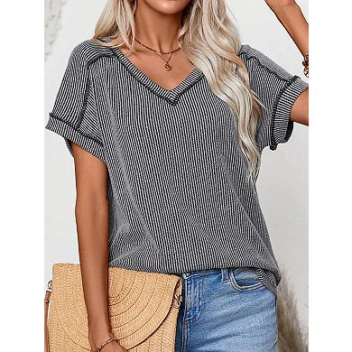 Summer Casual V Neck T Shirts for Women Short Sleeve Ribbed Tops ...