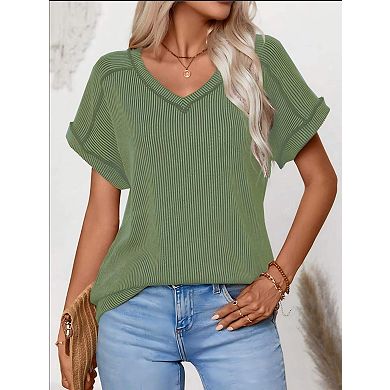 Summer Casual V Neck T Shirts for Women Short Sleeve Ribbed Tops ...