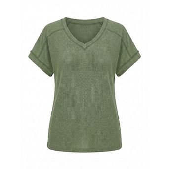 Summer Casual V Neck T Shirts for Women Short Sleeve Ribbed Tops Lightweight Stretchy Tees