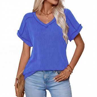 Summer Casual V Neck T Shirts for Women Short Sleeve Ribbed Tops Lightweight Stretchy Tees