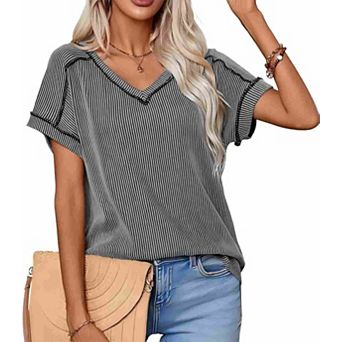 Summer Casual V Neck T Shirts for Women Short Sleeve Ribbed Tops Lightweight Stretchy Tees