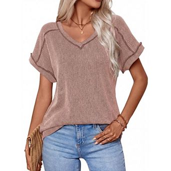 Summer Casual V Neck T Shirts for Women Short Sleeve Ribbed Tops Lightweight Stretchy Tees