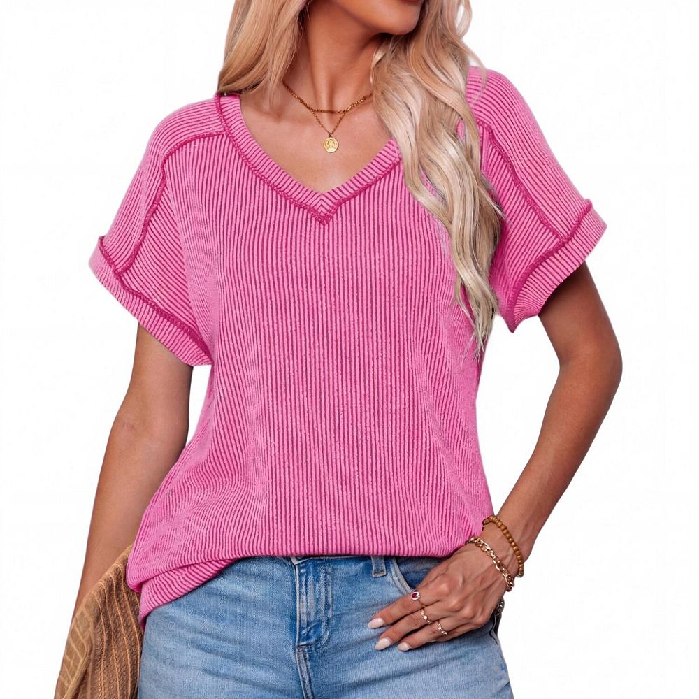 Summer Casual V Neck T Shirts for Women Short Sleeve Ribbed Tops ...