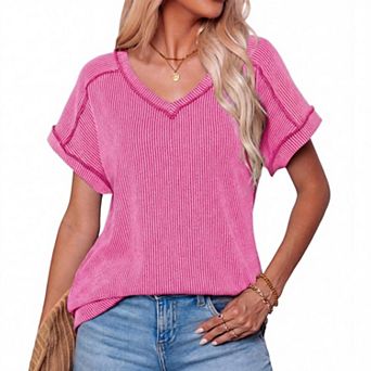 Summer Casual V Neck T Shirts for Women Short Sleeve Ribbed Tops Lightweight Stretchy Tees