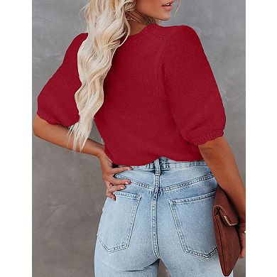 Womens Short Puff Sleeve Round Neck Pullover Sweaters Rib Knit Casual Lightweight Summer Tops