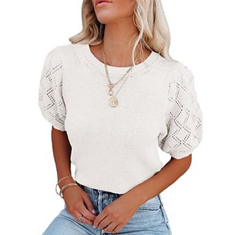 Womens Short Puff Sleeve Round Neck Pullover Sweaters Rib Knit Casual Lightweight Summer Tops