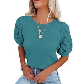 Womens Short Puff Sleeve Round Neck Pullover Sweaters Rib Knit Casual Lightweight Summer Tops