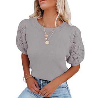 Womens Short Puff Sleeve Round Neck Pullover Sweaters Rib Knit Casual Lightweight Summer Tops