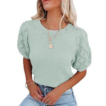 Womens Short Puff Sleeve Round Neck Pullover Sweaters Rib Knit Casual Lightweight Summer Tops