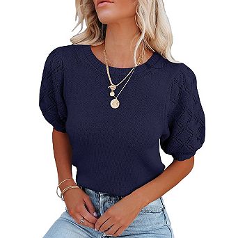 Womens Short Puff Sleeve Round Neck Pullover Sweaters Rib Knit Casual Lightweight Summer Tops