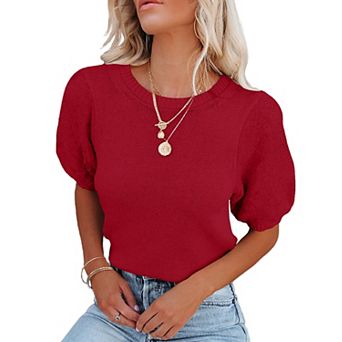 Womens Short Puff Sleeve Round Neck Pullover Sweaters Rib Knit Casual Lightweight Summer Tops