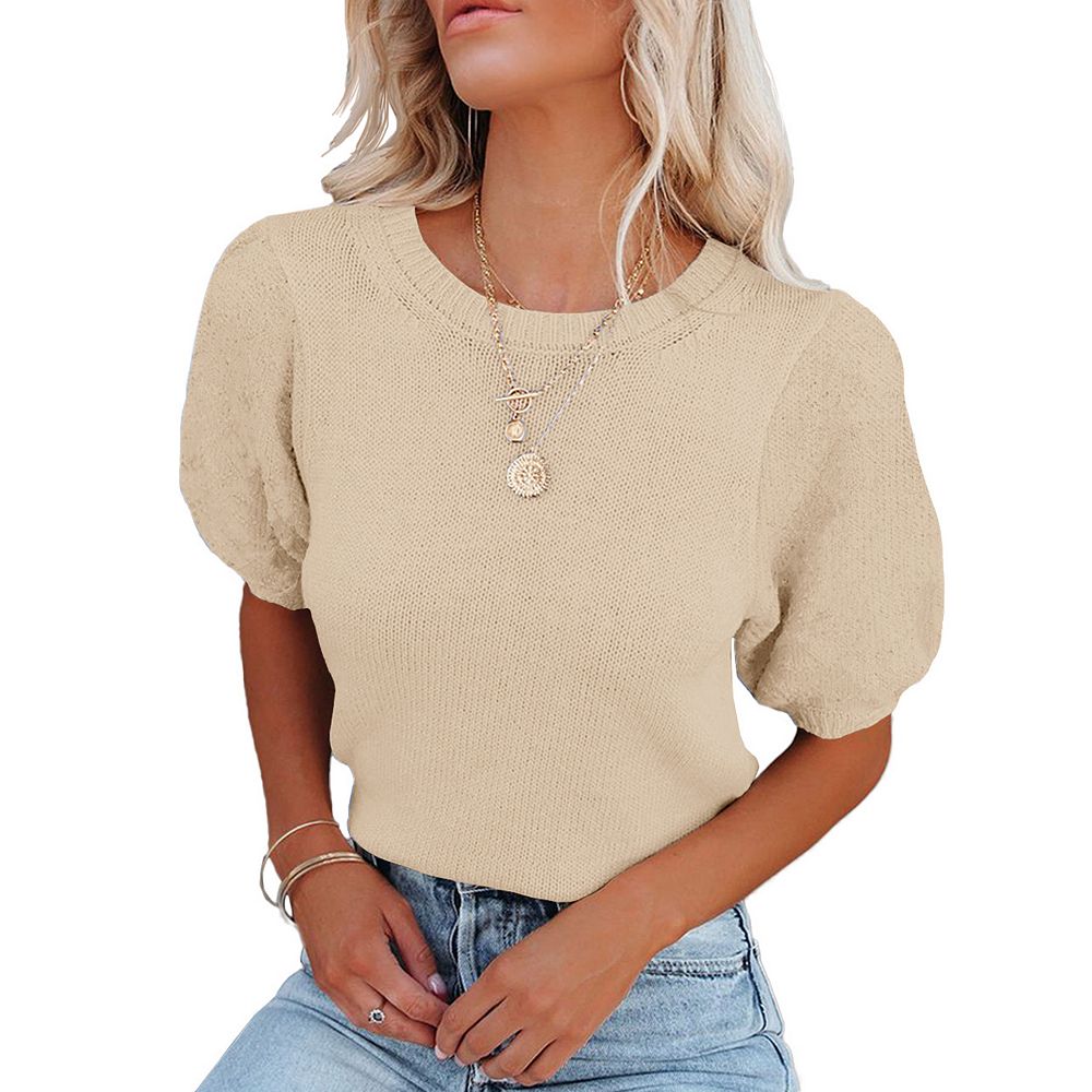 Womens Short Puff Sleeve Round Neck Pullover Sweaters Rib Knit Casual ...