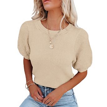 Womens Short Puff Sleeve Round Neck Pullover Sweaters Rib Knit Casual Lightweight Summer Tops