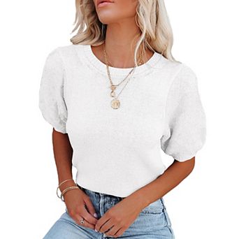 Womens Short Puff Sleeve Round Neck Pullover Sweaters Rib Knit Casual Lightweight Summer Tops