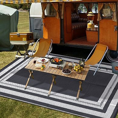 Modern Bordered Outdoor Area Rug Reversible Light Weight Stain Resistant Mat for RV Trip Picnic
