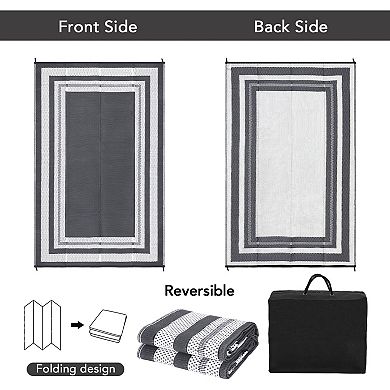 Modern Bordered Outdoor Area Rug Reversible Light Weight Stain Resistant Mat for RV Trip Picnic