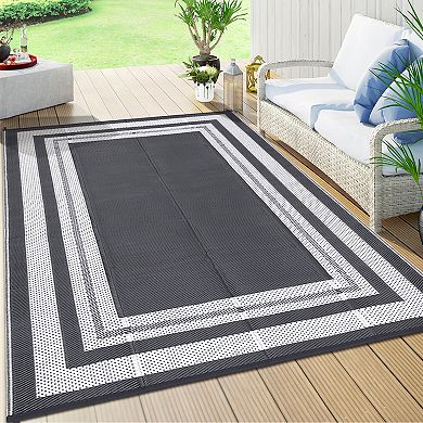 Modern Bordered Outdoor Area Rug Reversible Light Weight Stain Resistant Mat for RV Trip Picnic