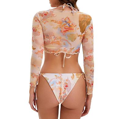 Women's Swimsuit Sets 3 Piece Swimwear Halter Bikini Set with Long Sleeve Crop Top