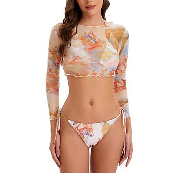 Women's Swimsuit Sets 3 pc Swimwear Halter Bikini Set with Long Sleeve Crop Top