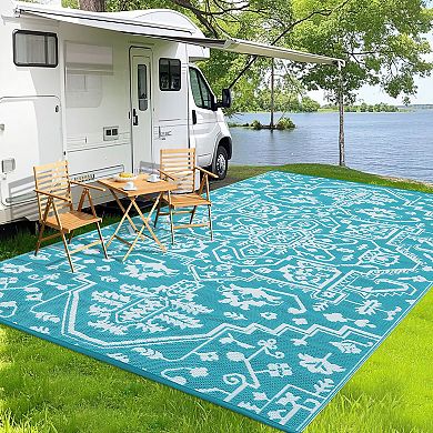 Medallion Outdoor Area Rug Washable Waterproof Portable Stain Resistant Mat for Balcony Picnic