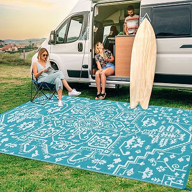 Medallion Outdoor Area Rug Washable Waterproof Portable Stain Resistant Mat for Balcony Picnic