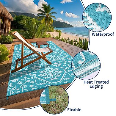 Medallion Outdoor Area Rug Washable Waterproof Portable Stain Resistant Mat for Balcony Picnic