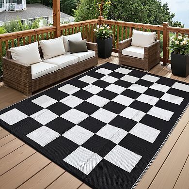 Modern Checkerboard Outdoor Area Rug Reversible Light Weight Stain Resistant Mat for RV Trip Picnic
