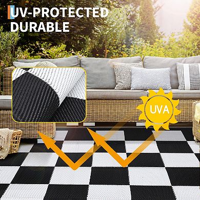 Modern Checkerboard Outdoor Area Rug Reversible Light Weight Stain Resistant Mat for RV Trip Picnic