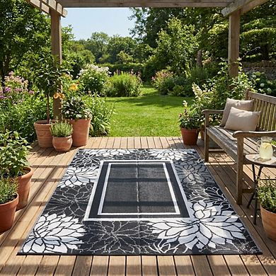 Modern Border Outdoor Area Rug UV Resistant Pet Friendly Reversible Lightweight Carpet for RV Trip