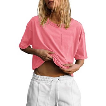Womens Short Sleeve Crop T Shirts Basic Solid Lightweight Round Neck Summer Tops with Pockets