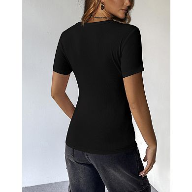 Womens Crew Neck Button Up Rib Knit T Shirts Short Sleeve Slim Fit Solid Basic Lightweight Tops