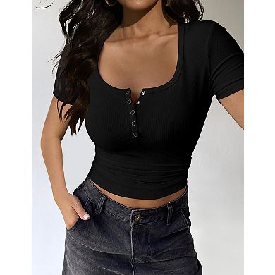 Womens Crew Neck Button Up Rib Knit T Shirts Short Sleeve Slim Fit Solid Basic Lightweight Tops