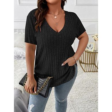 Plus Size Ribbed V Neck Blouses for Women Short Sleeve Casual Tops Office Work Shirts