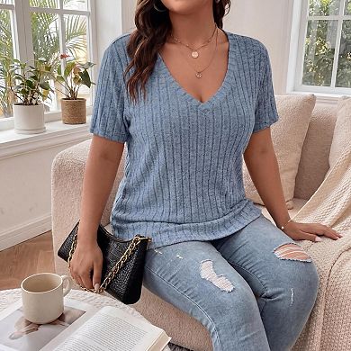 Plus Size Ribbed V Neck Blouses for Women Short Sleeve Casual Tops Office Work Shirts