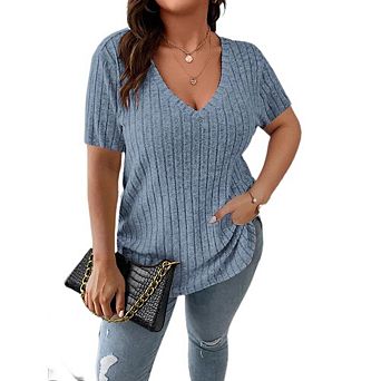 Plus Size Ribbed V Neck Blouses for Women Short Sleeve Casual Tops Office Work Shirts