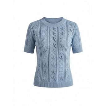 Women's Casual Knit T Shirts Hollow Out Short Sleeve Crew Neck Blouses Lightweight Summer Tops