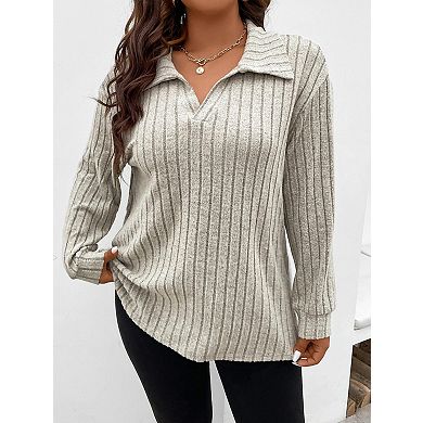 Plus Size Ribbed V Neck Collared Blouses for Women Long Sleeve Office Work Tops Casual Shirts