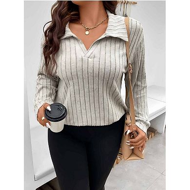 Plus Size Ribbed V Neck Collared Blouses for Women Long Sleeve Office Work Tops Casual Shirts