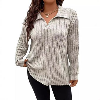 Plus Size Ribbed V Neck Collared Blouses for Women Long Sleeve Office Work Tops Casual Shirts
